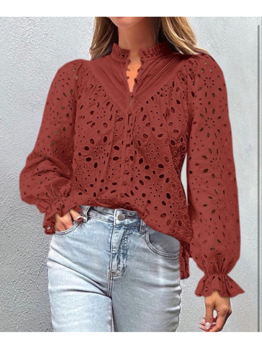 NEW Long Sleeve Button V Neck Hollow Out Lace Embroidered Shirt S - Picture 3 of 8